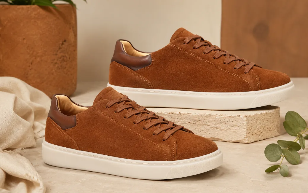 Paire de sneakers basses en daim marron, talon en cuir lisse et semelle blanche épaisse, posées sur un fond de pierre claire